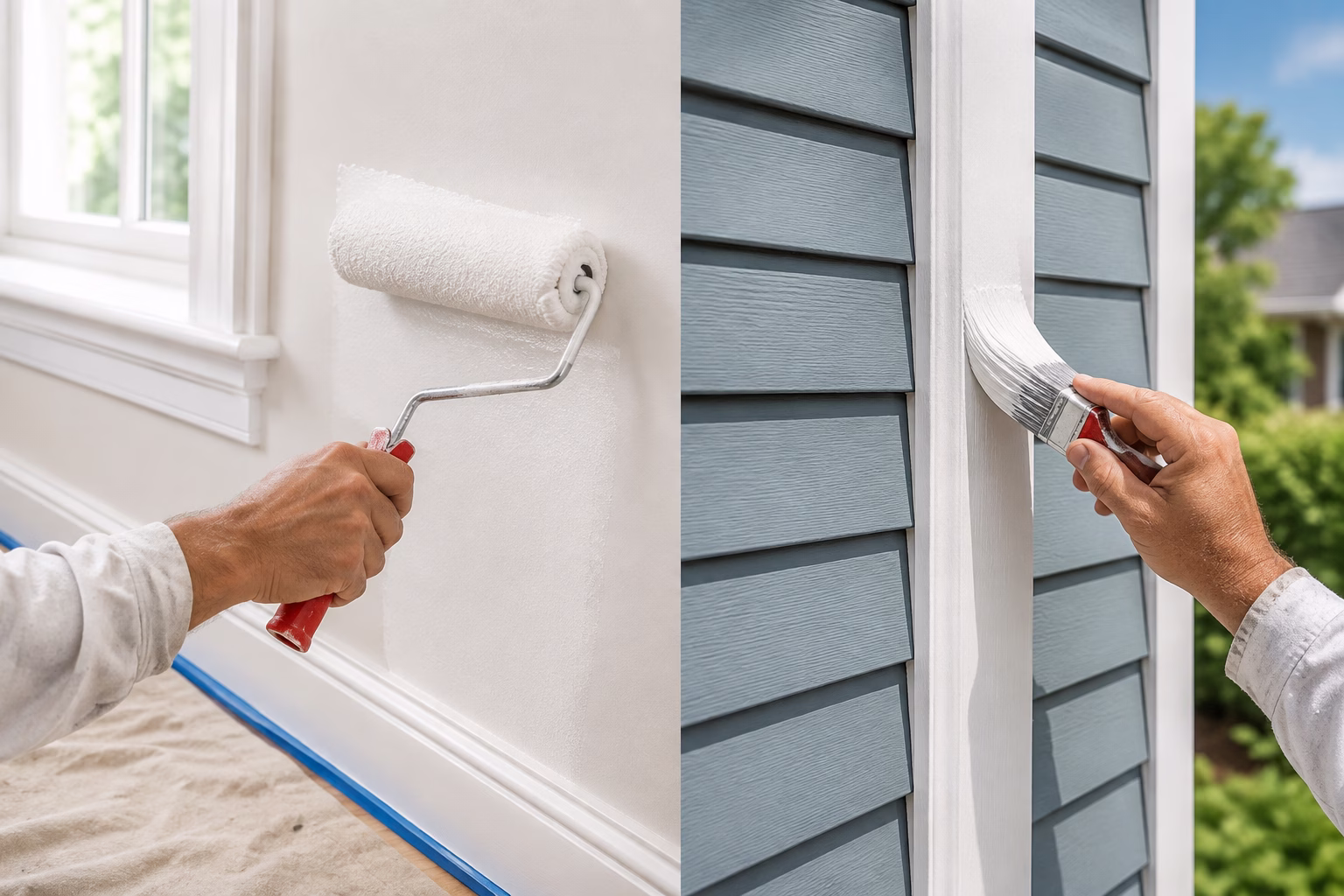 Painter rolling white paint on an interior wall and brushing white exterior trim beside blue-gray siding.